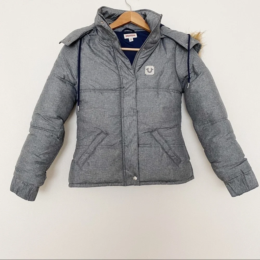NEW TRUE RELIGION SNOW SKI PUFFER BOMBER JACKET GRAY FUR HOOD WINTER COAT